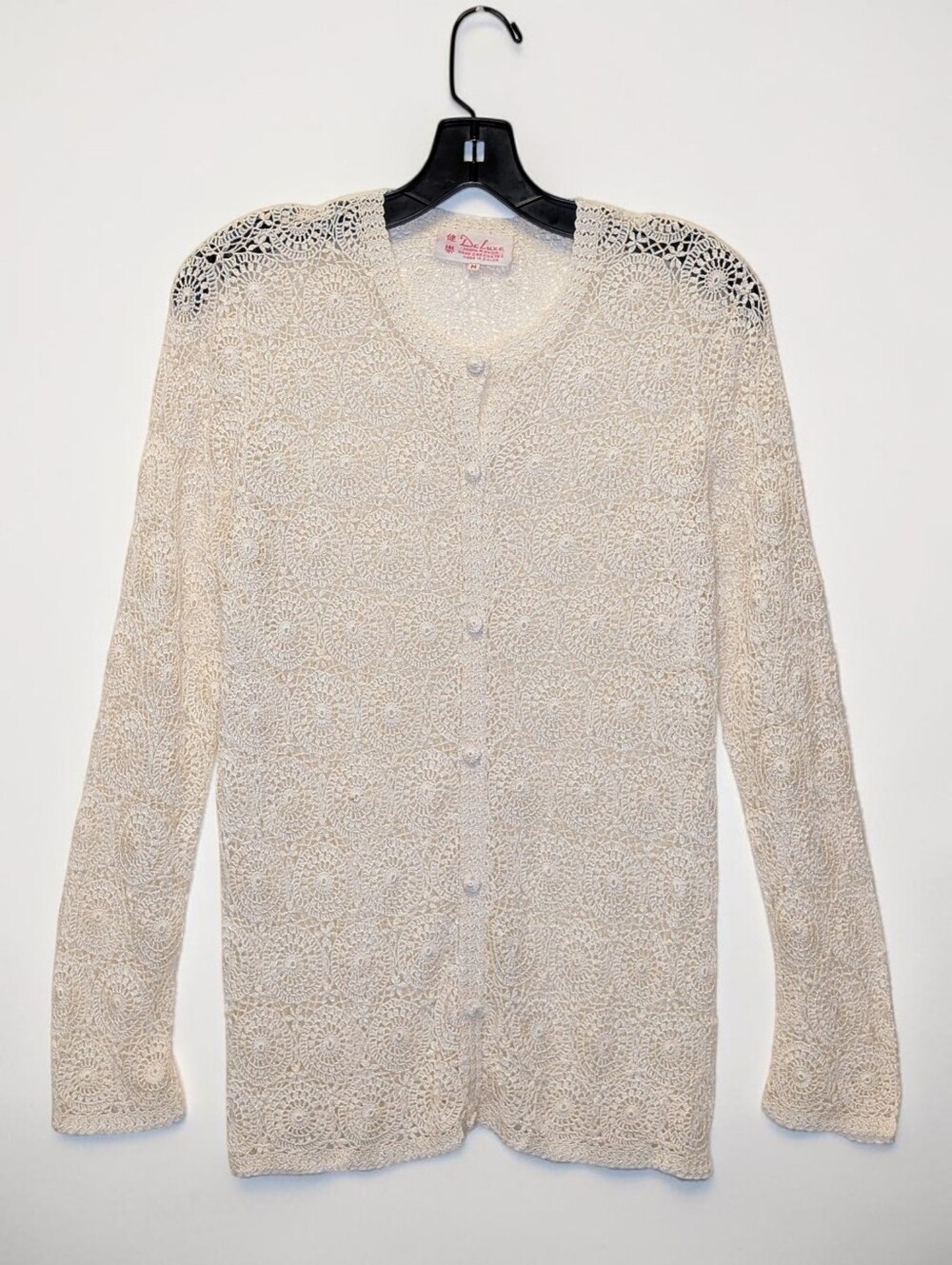 Vintage De Luxe Ivory Hand Crocheted Rayon Bridal Cardigan Size M